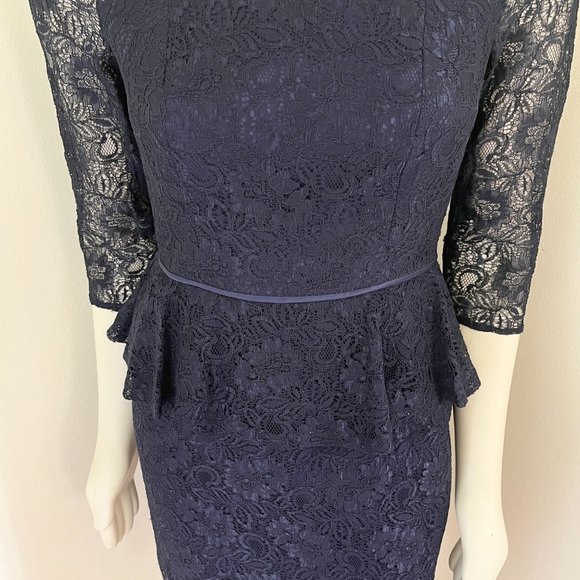 ADRIANNA PAPELL Silk Formal Dress Lace Peplum Waist Blue 3/4 sleeve Size 8 - Picture 6 of 13